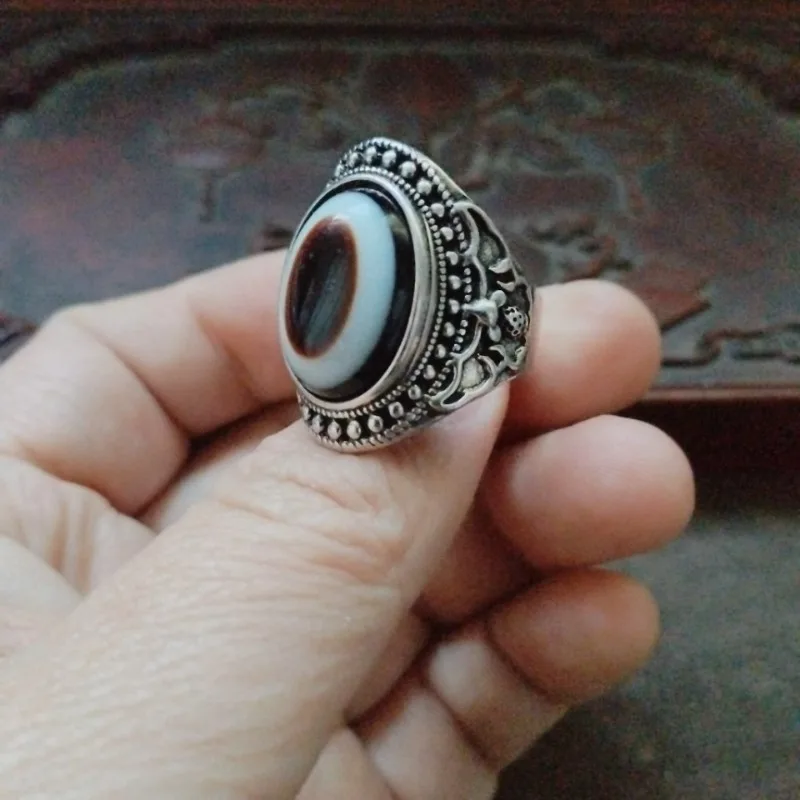 Vintage Ancient Style Old Silver Inlaid Single-Eye Dzi Bead Ring, Adjustable Open Band Finger Ring