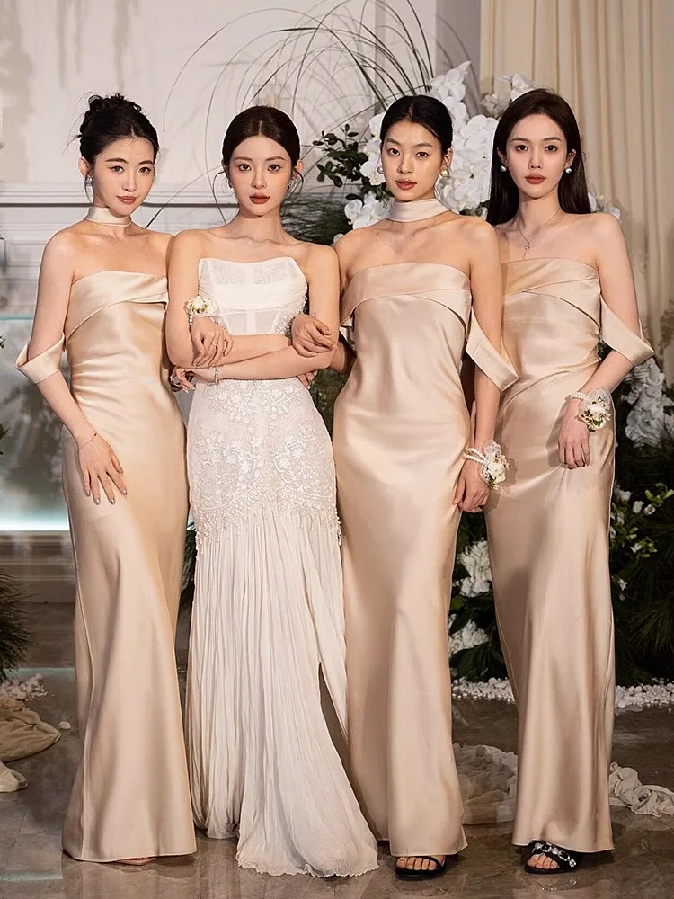 

Длинная юбка цвета шампань из сатина с корейским дизайном на одно плечо, из полиэфирного волокна, для торжественных мероприятий.