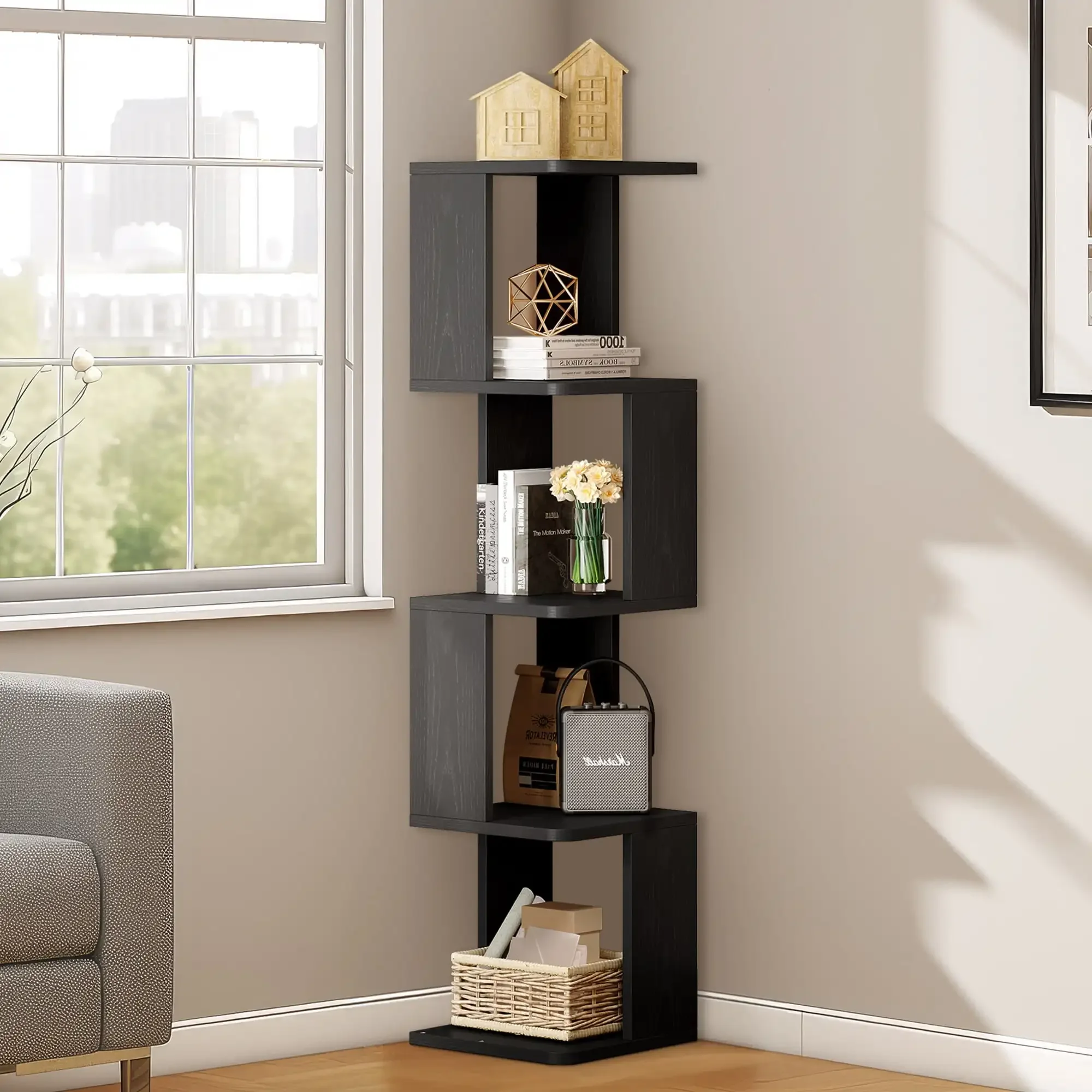 

Tier Narrow Bookshelf, Modern Tall Bookcase, Cube Open Display Geometric Book Shelves