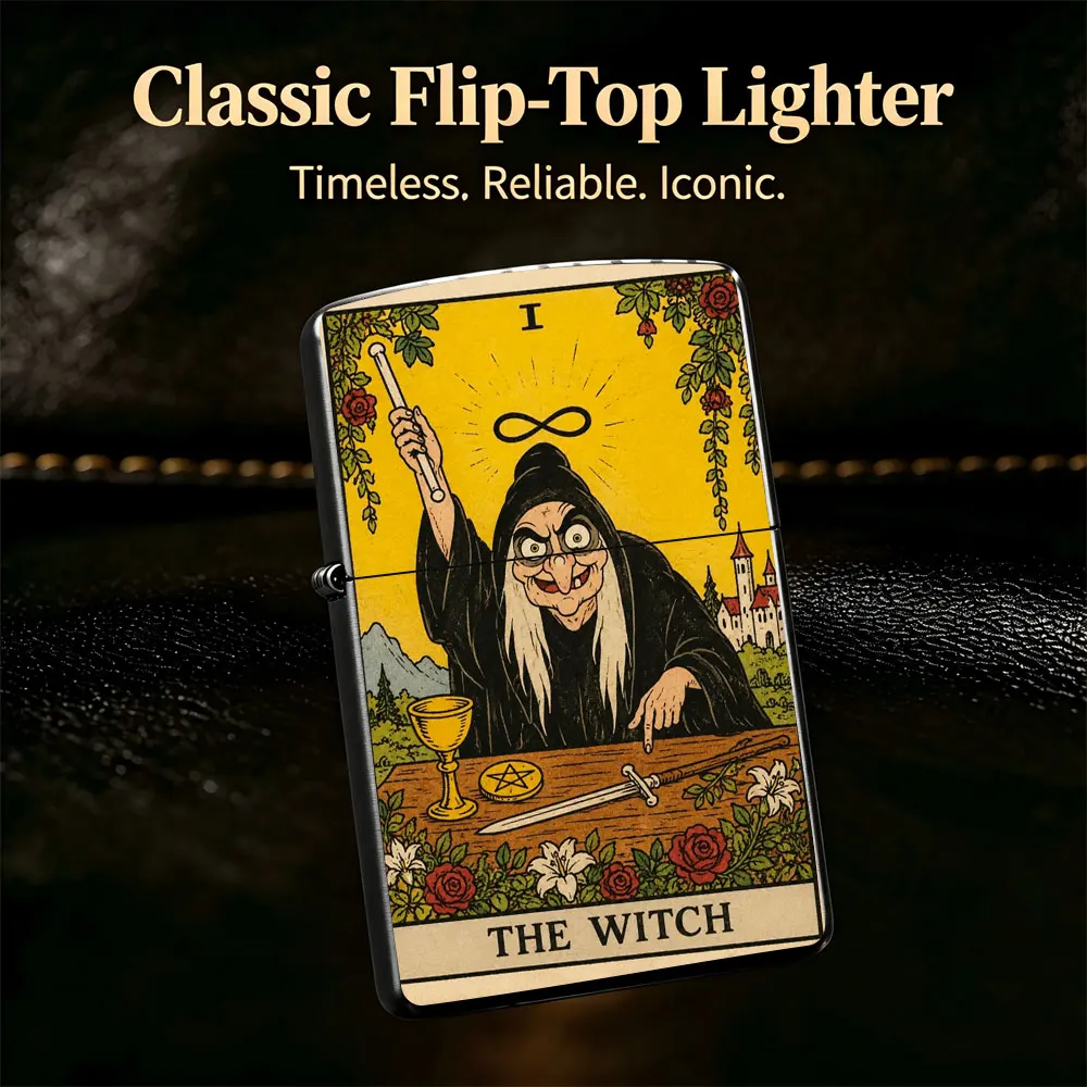 Pocket Lighter, Flip-Top Windproof Design, Metal Case, Tarot Card Art with Sword Figure Close-Up, Ergonomic Grip, Portable & Durable