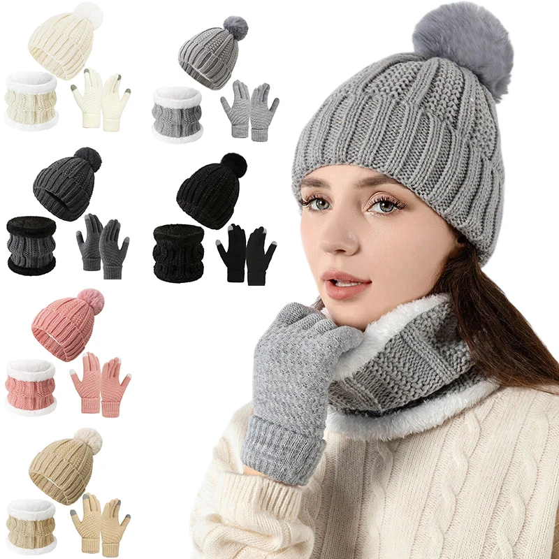 3pcs Set Hat Winter Knitted Hat Big Hair Ball Warm Pile Intensification Boys And Girls Winter Knitted Hat Scarf And Gloves