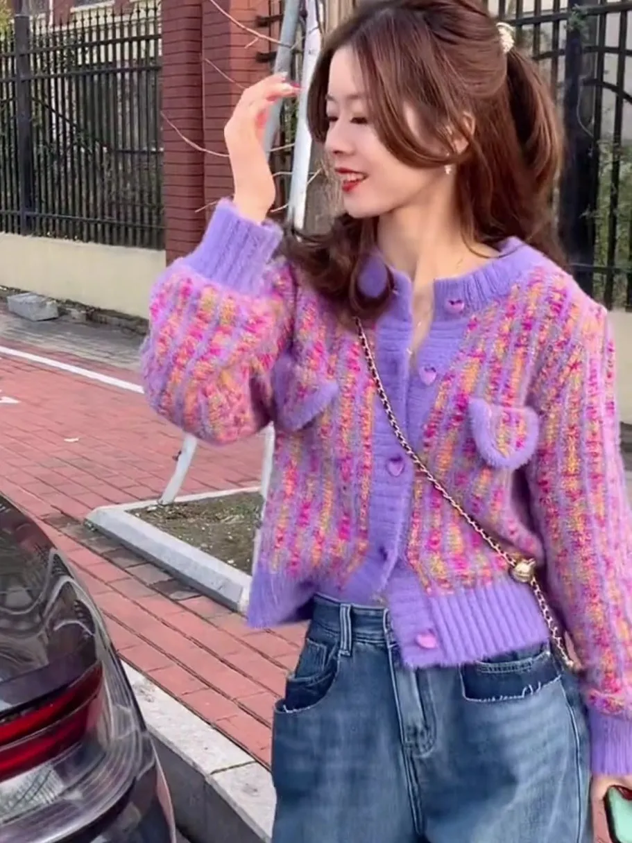

Purple Knitted Sweater Women's Autumn Winter Thiened Long Sve ort Sle Vintage round Ne Open Cardigan Knitwear