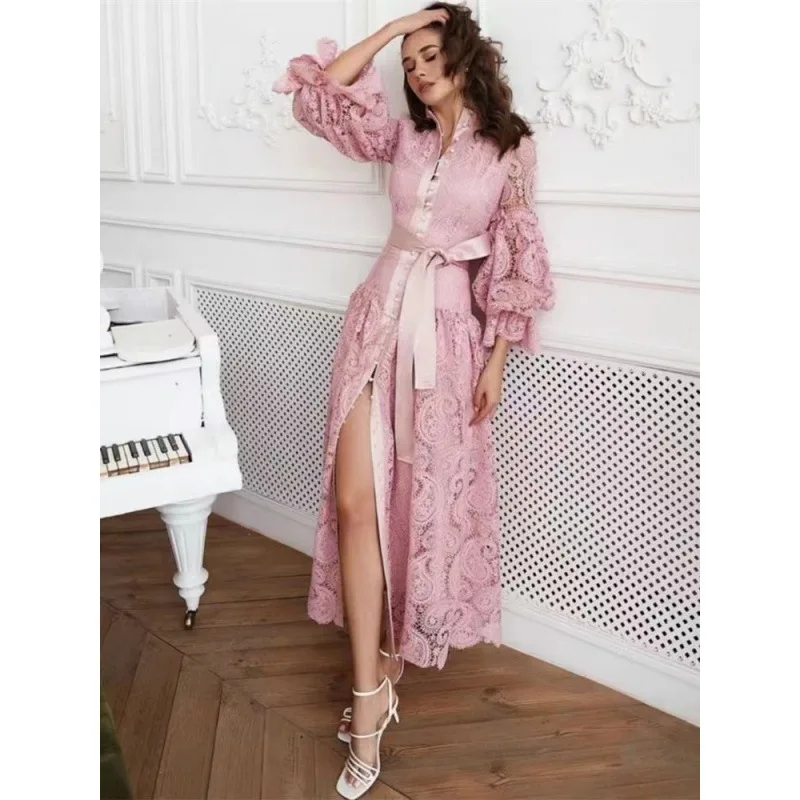 

2024Spring New French Lady Long Sleeve Heavy Work Jumpsuit Lace Dress Long Dress Guangzhou Thirteen Lines