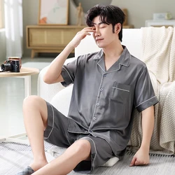 New Summer Solid Color Pajamas Set Mens Big Yards Silk Satin Pyjamas Male Short Sleeve Shorts Nightgown Chinese Silk Sleepwear