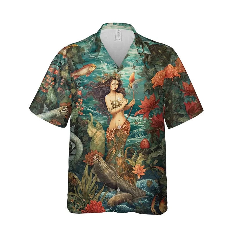 Lovely Mermaid 3D Print Hawaiian Beach Shirts For Men Clothes Sexy Sea Maiden Short Sleeve Casual Women Blouses Button Aloha Top
