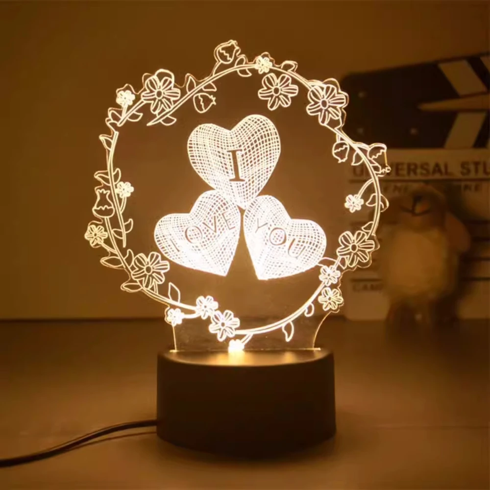 Lámpara 3D de amor romántico, globo en forma de corazón, luz de noche LED acrílica, lámpara de mesa decorativa, regalo de San Valentín, corazón, esposa