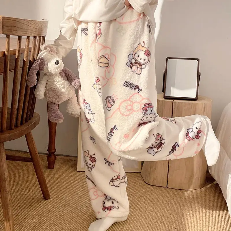 

Sanrio Hello Kitty Women Warm Pajama Pants Kawaii Cartoon Winter Thick Style Sleeping Pants Flannel Sleepwear Trousers Homewear