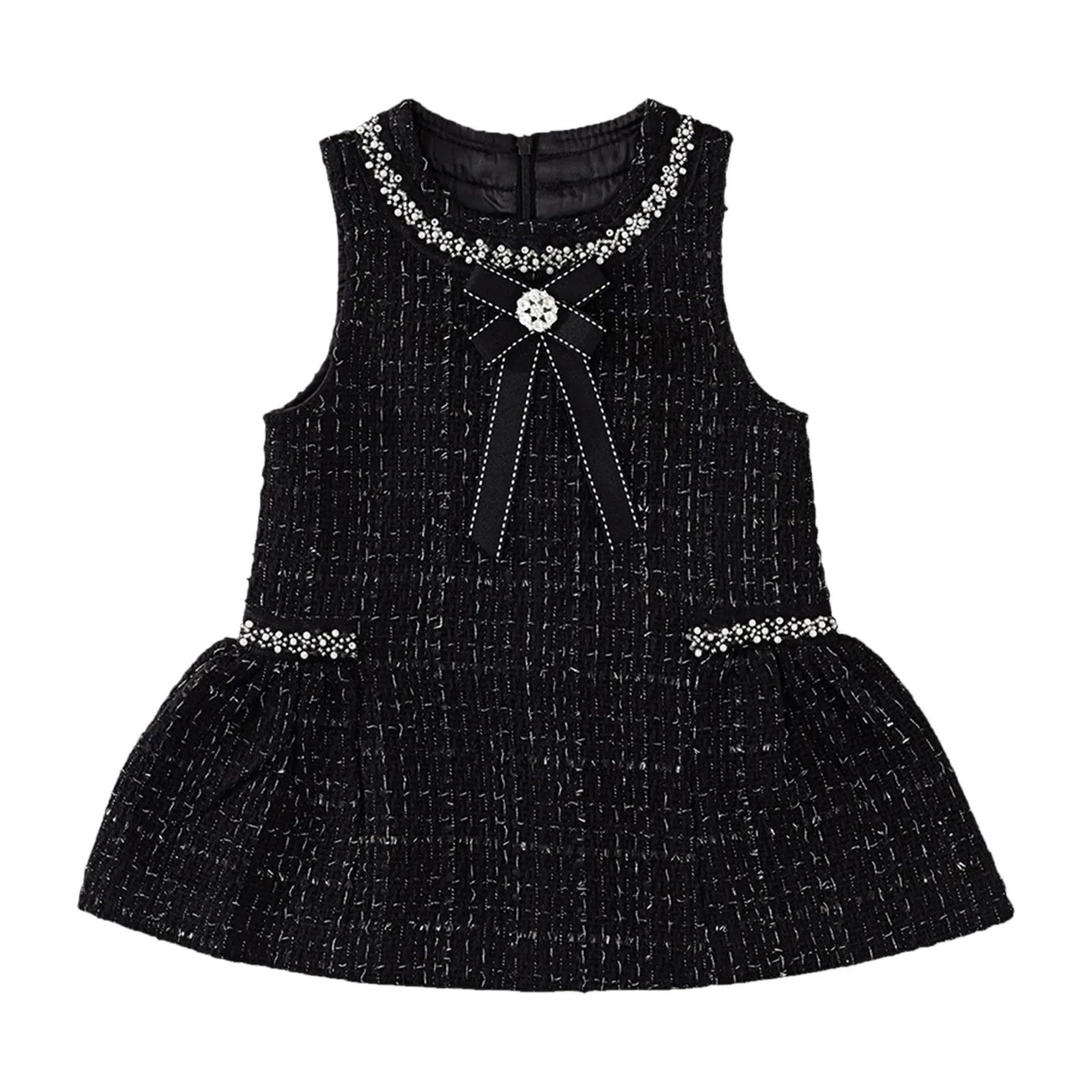 Autumn Girls' Coarse Tweed Sleeveless Vest Dress Winter Baby Black Elegant Rhinestone Hot Stamping Dress Kids Dresses for Girls