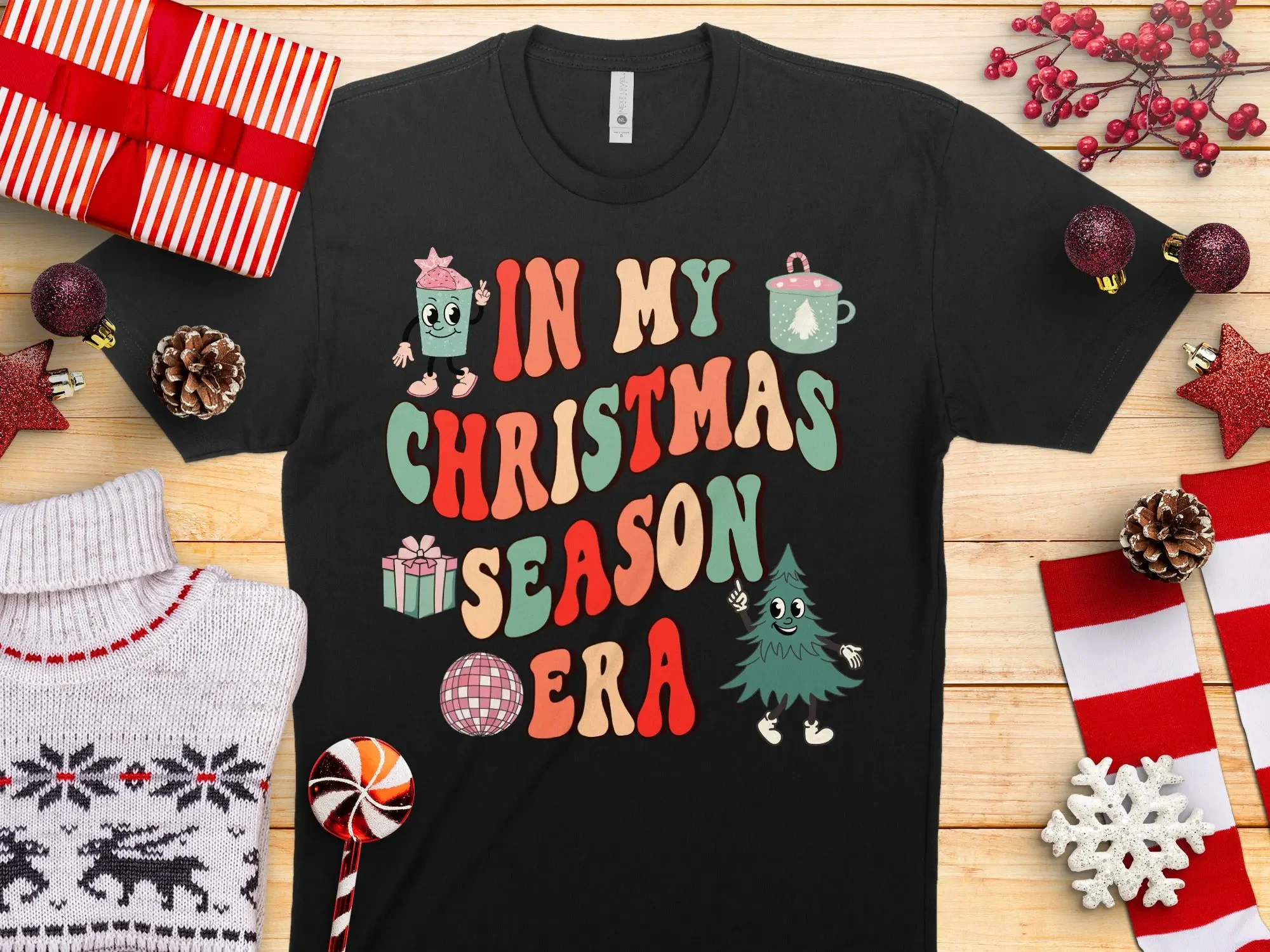 In My Christmas Era Retro Vintage Print T Shirt Winter Wonderland Secret Santa Holiday Present For Her