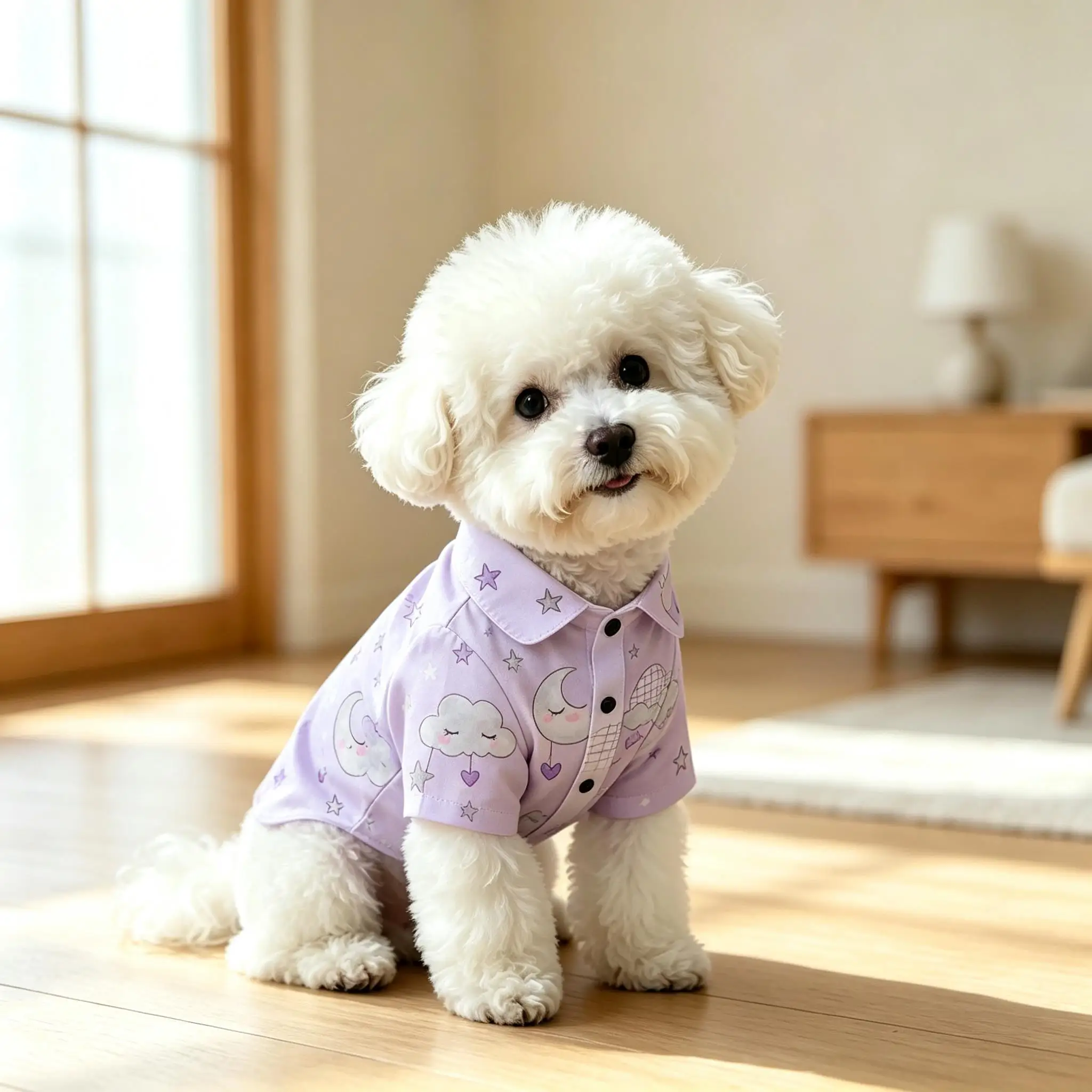 Pet Dog Shirt Light Purple Cartoon Cloud Moon Print Breathable Button Up for Small Medium Dogs Cute Sky Theme Daily Wear