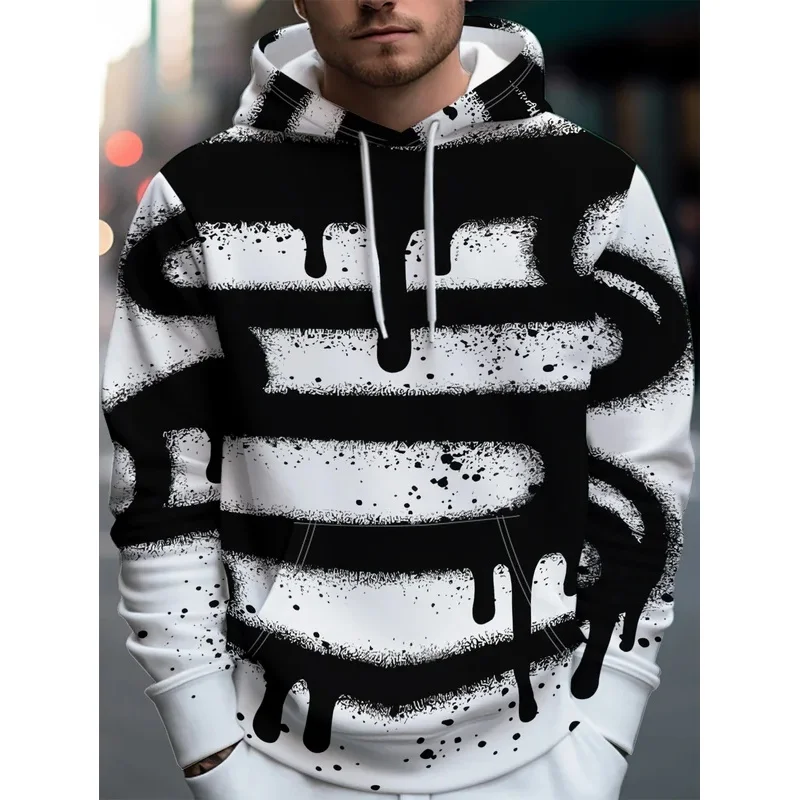 Men Black Drip Spray Paint Stripe Graffiti 3D Print Hoodie Drawstring Pocket Long Sleeve Casual Pullover Sweatshirt