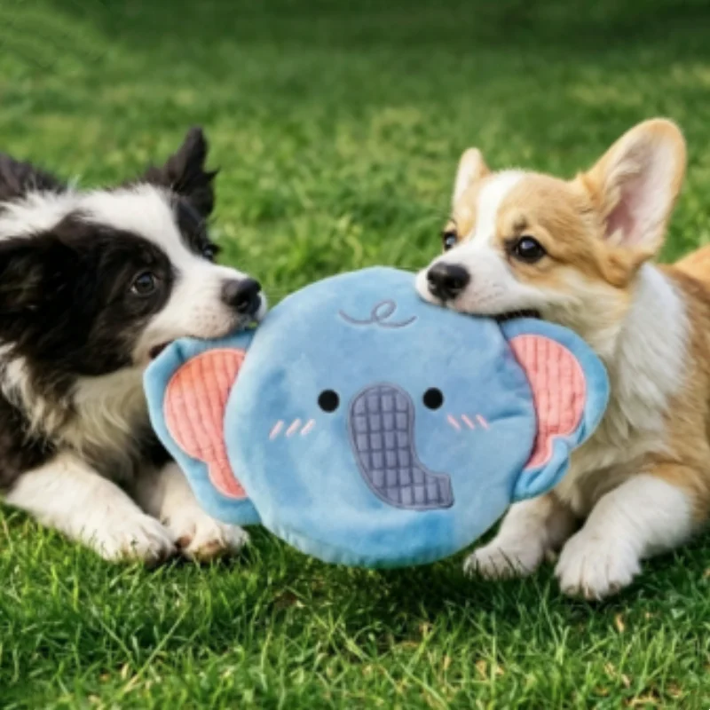 Colorful Soft Dog Plush Flying Disc Toy with Squeaker Bite Resistant Cartoon Pet Teething Cleaning Toy for Puppy Grinding Teeth