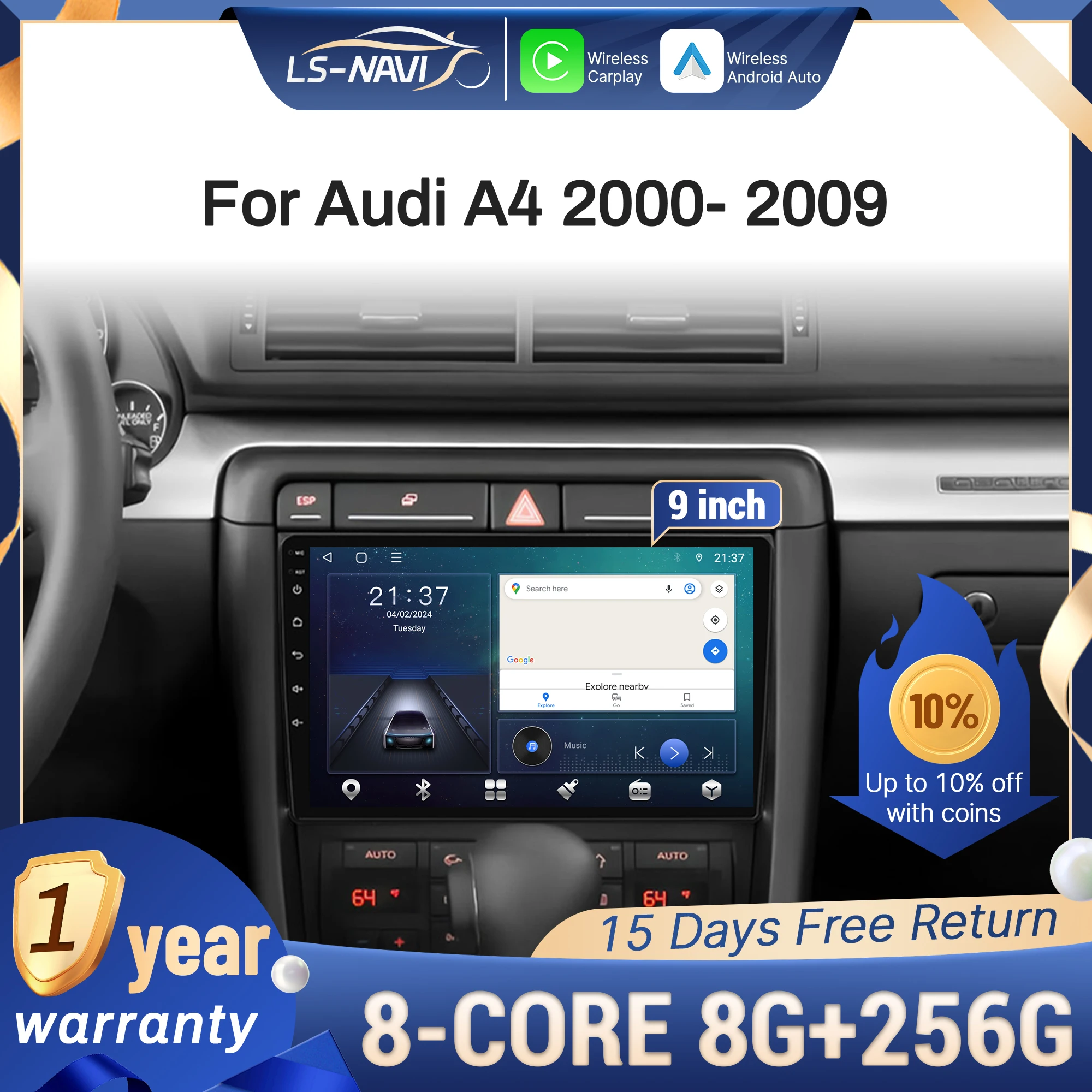 

For Audi A4 2000-2009 Car Radio Multimedia Wireless Android 14 CarPlay 4G Navigation GPS Head Unit Stereo Touch Screen
