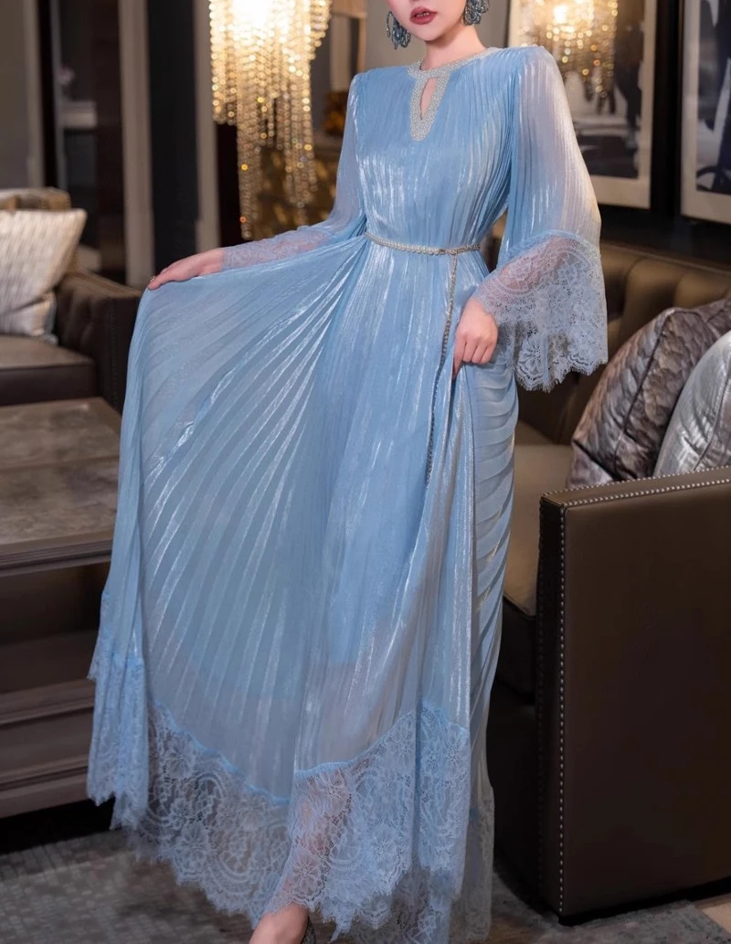 Blue Beading Lace Patchwork Loose Dress Women Elegant O-neck Vintage Clothing Lady Streetwear Holiday Party Vestidos Bodycon