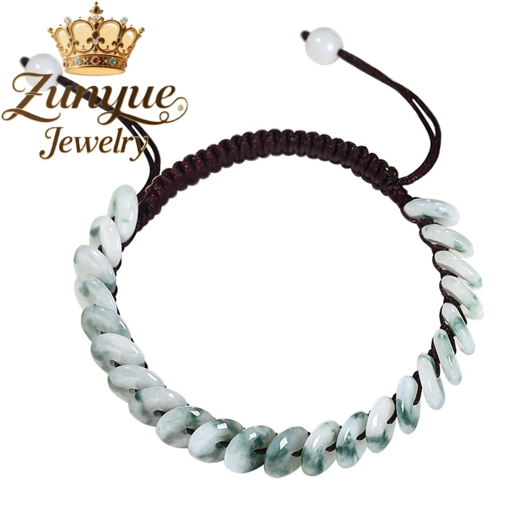 

High-End Hand-Woven Natural A-Grade Ice-Grade Jadeite Flowery Pattern Couple Bracelet Chinese Style Fashion Charms Jewelry Gift