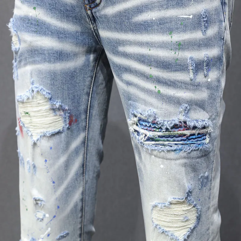 

y2kfashionable new denim jeans with painted stretch, slim fit, ripped holes, patchwork patches, washed water, nostalgic