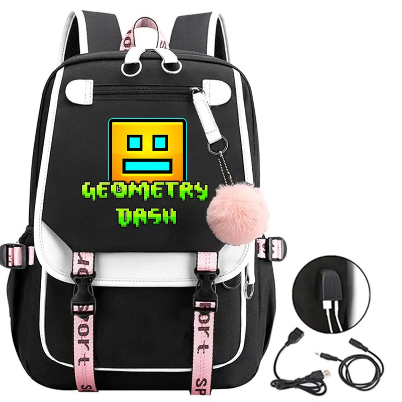 Mochila de carga USB anti-roubo Impressão de traço geométrico, Mochilas escolares para meninas adolescentes, grande capacidade, bolsa de moda para mulheres