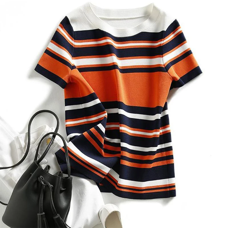 2023 Vintage Striped Patchwork Knitting Tee Ladies Slim All-match Pullover manica corta top donna Casual Fashion Simple t-shirt