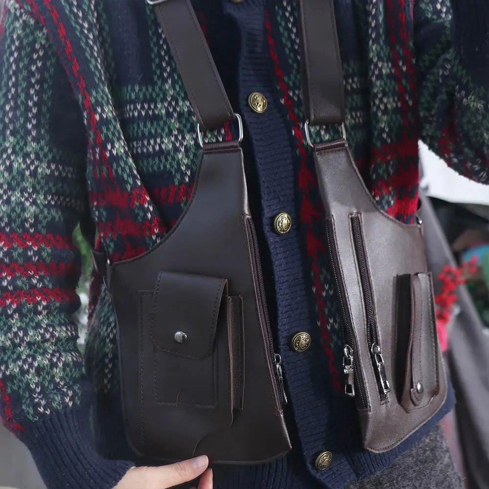 

Leather Strap Underarm Strap Wallet Pocket Luxury Vintage Shoulder Harness Bag Double Hidden Pocket Vest Bag Mobile Phone Purse