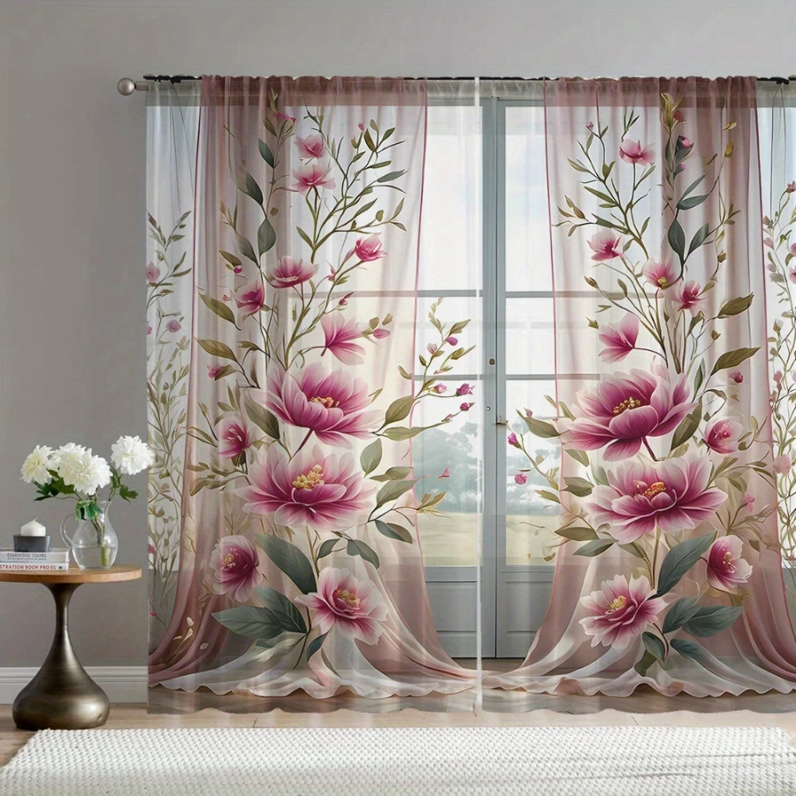 2 rideaux transparents imprimés numériquement, élégance florale de pivoine, art floral oriental traditionnel pour le salon, la chambre à coucher, la décoration de la maison