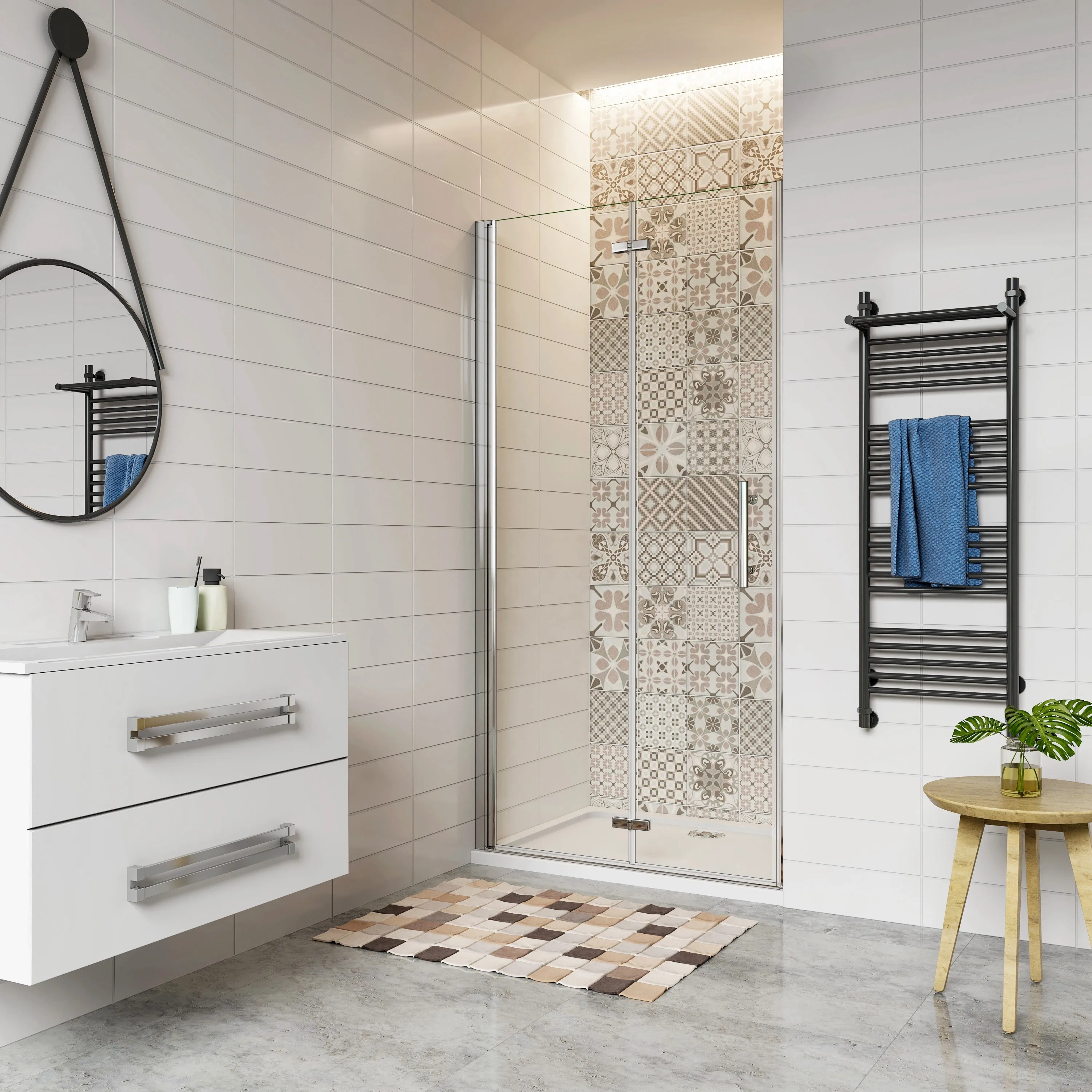 H.195 cm Porta Doccia Per Nicchia 70/76/80/85/90/95/100/105/110/115/120 cm Battente e Pieghevole a Libro In Vetro Temperato Trasparente Anticalcare Da 6 mm