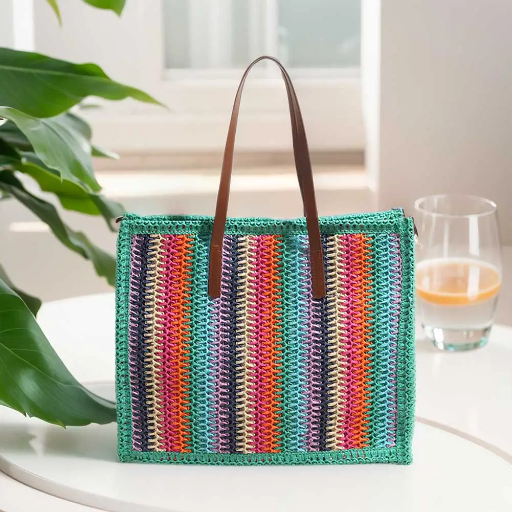 Women Striped Woven Tote Rainbow Straw Shoulder Bag Large Capacity Hand-Woven Tote Bag Handwoven Straw Bag Summer Beach Bag