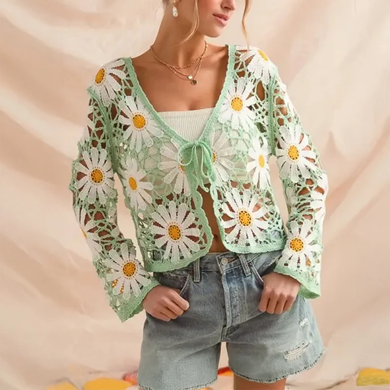

Женский вязаный крючком кардиган с цветочным принтом, прозрачный ажурный кардиган с длинными рукавами и галстуком спереди, вязаная блузка для девочек-подростков, летняя пляжная одежда в стиле бохо для отдыха