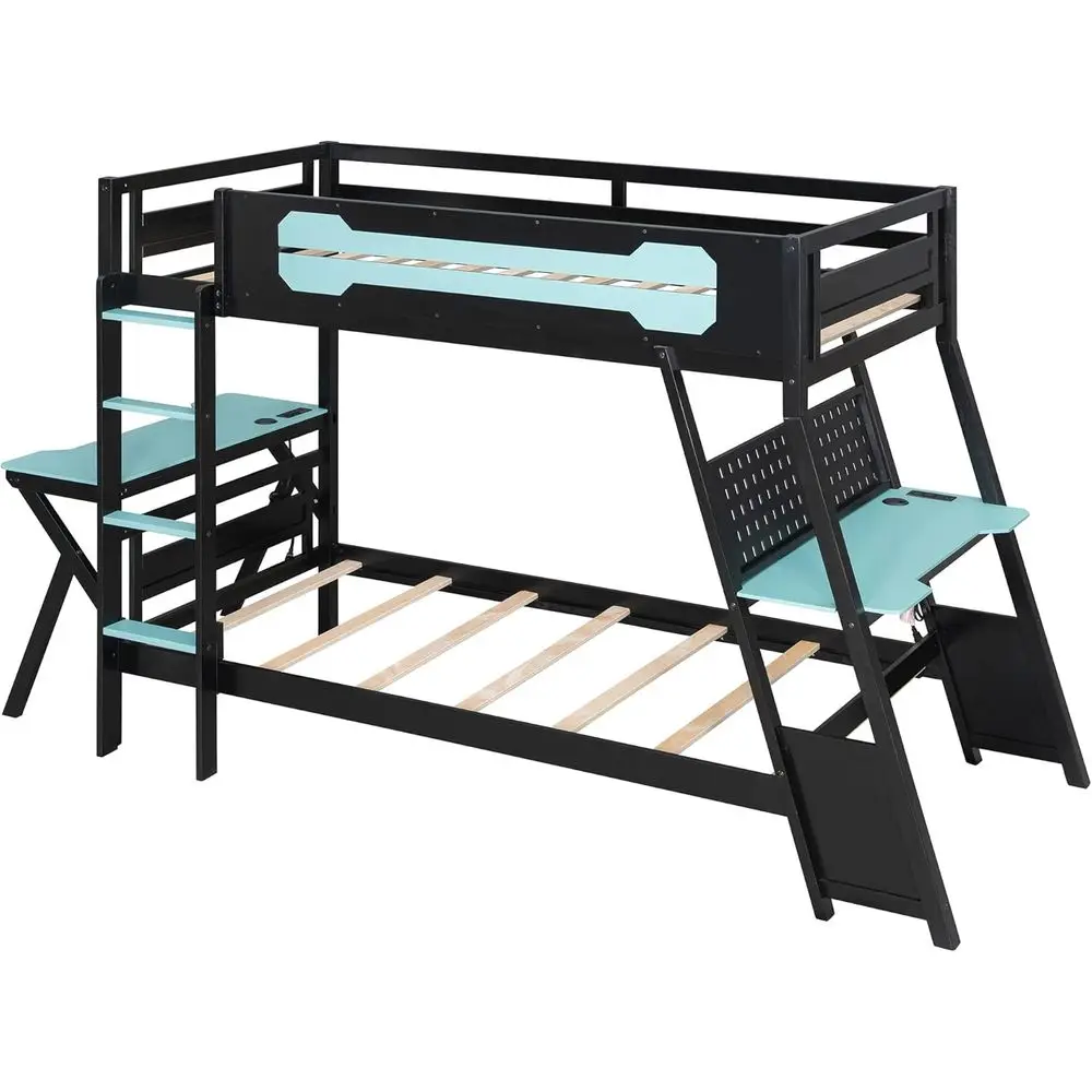 Twin Size Gaming Bunk Bed with 2 Desks, USB Ports, and Pegboard Storage for Kids and Adults (Blue, 12.5) view 6