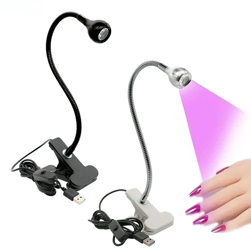 Lámpara LED de cuello de ganso para decoración de uñas, luz púrpura de curado UV, Clip USB, para dormitorio, masajeador de viaje