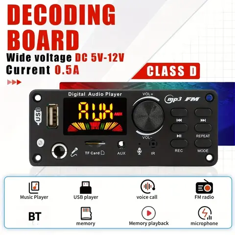Placa Decodificadora Sem Fio DC 5V 12V 5.0 MP3 WMA WAV APE, adequada para áudio automotivo com função mãos-livres, com microfone, USB, cartão TF, rádio FM
