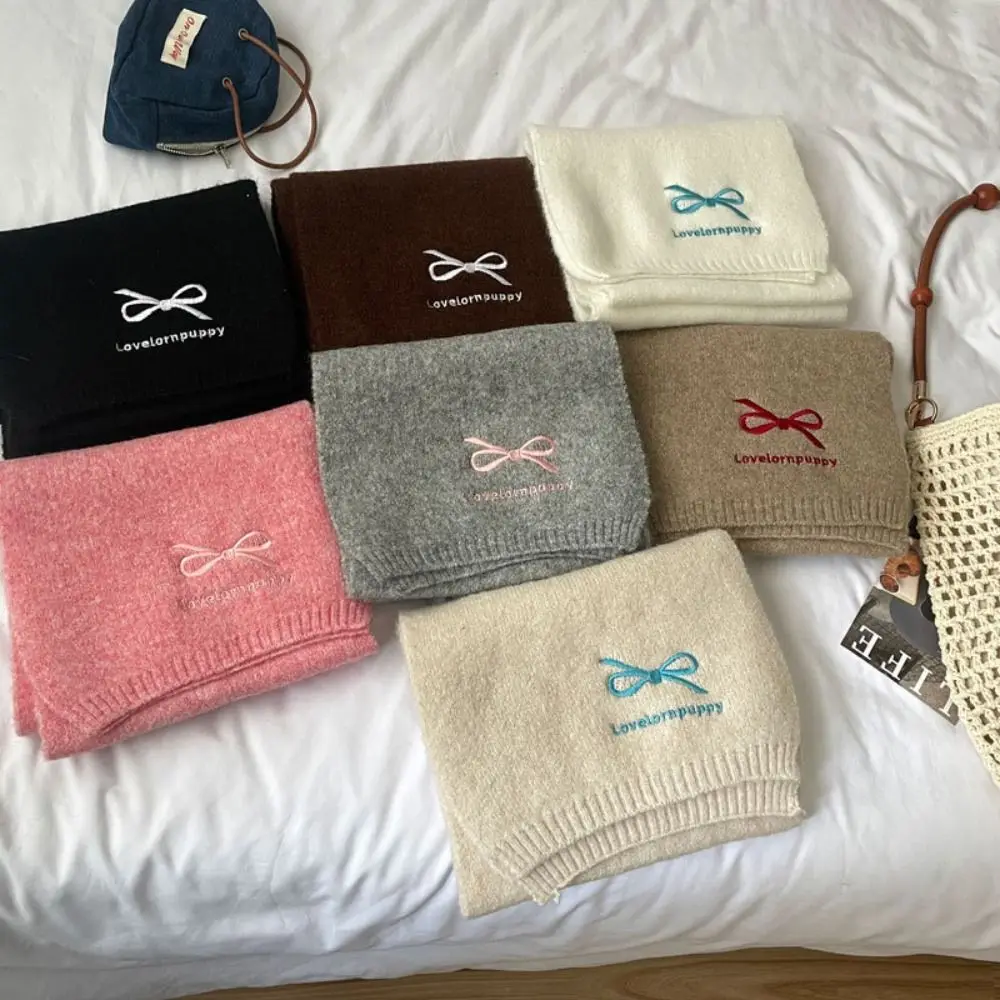 

Simple Bowknot Embroidery Bow Scarf Letter Warm Knitted Scarves Cute Korean Style Scarves Wool Shawl Student