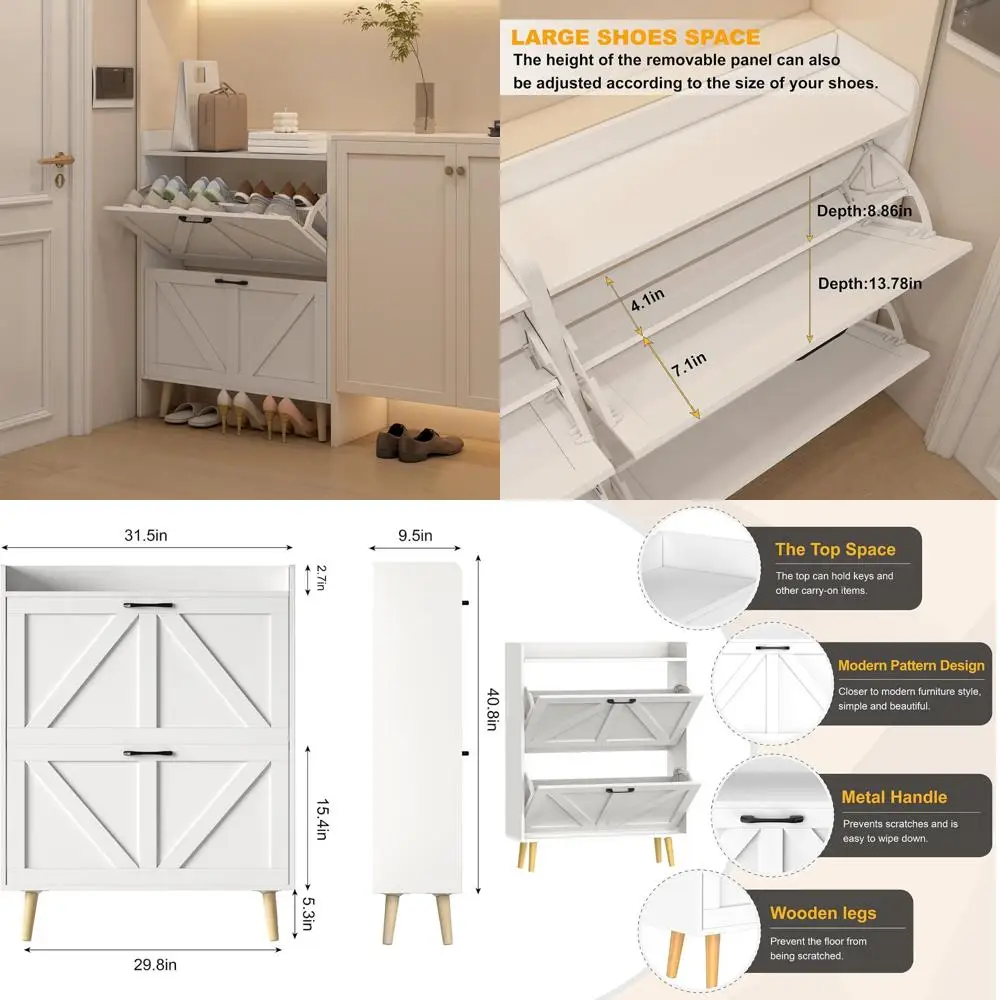 

Large Shoe Organizer Cabinet with 2 Flip Drawers, Wooden Legs Storage Rack for Entryway, Hidden Shoe Cabinet