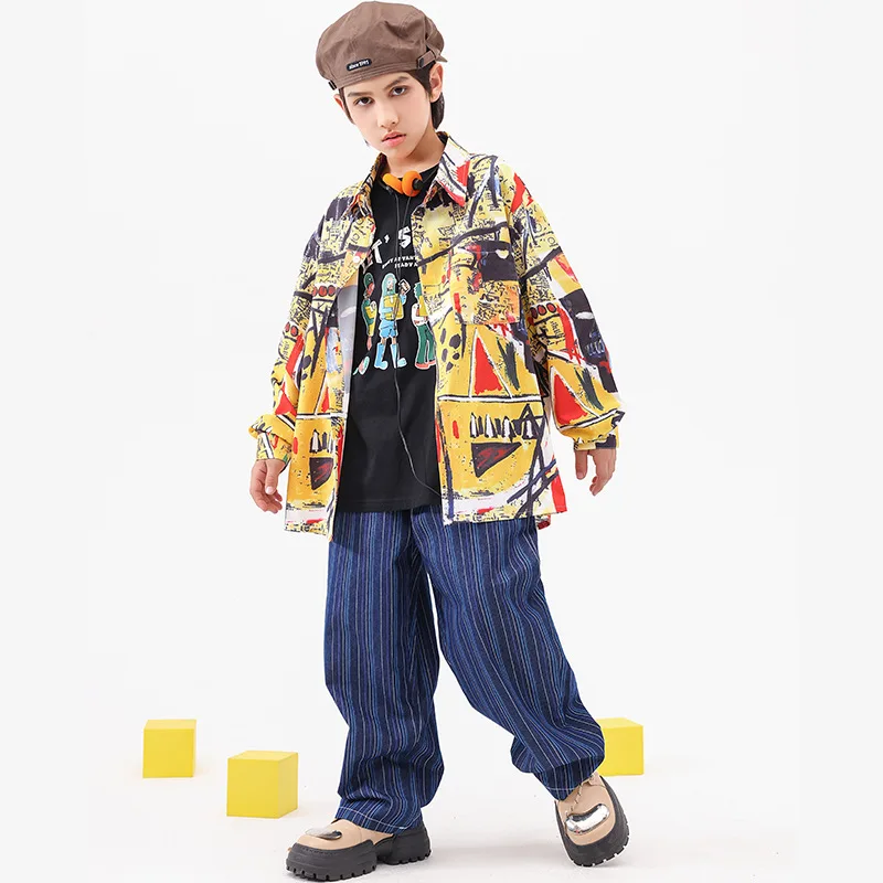 Vêtements de danse de rue Hip Hop pour enfants, chemise imprimée jaune, jeans rayés, ensemble de t-shirts noirs, olympiques de jazz moderne pour garçons, vêtements de scène