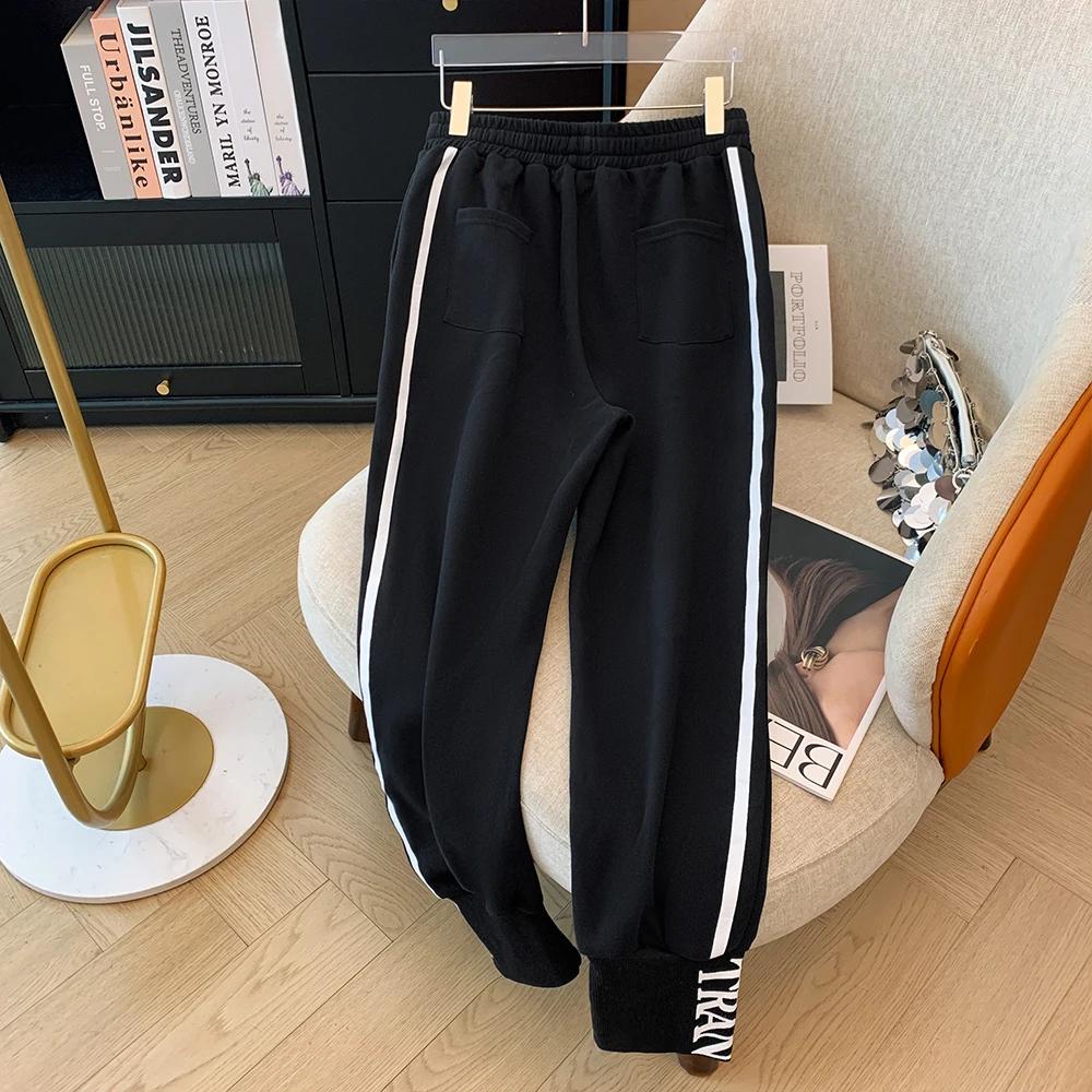 Plus size women's spring and autumn black casual pants draw rope elastic waist loose sweatpants 2024 new women's clothing large