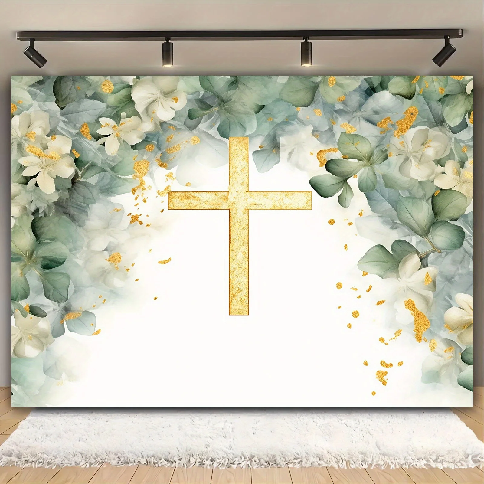 Fondo floral elegante y bautismo cruz dorada, primera comunión, bautismo, ocasión especial - decoración fiesta festival