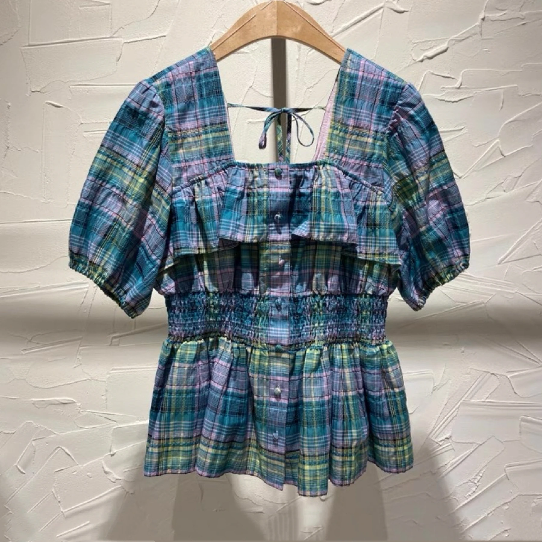 

Ретро Цвет Blo Plaid Bubble Sve Квадратный воротник на талии Cinched ort Sve irt Faionable Commute Sle Pure Cotton Wo...