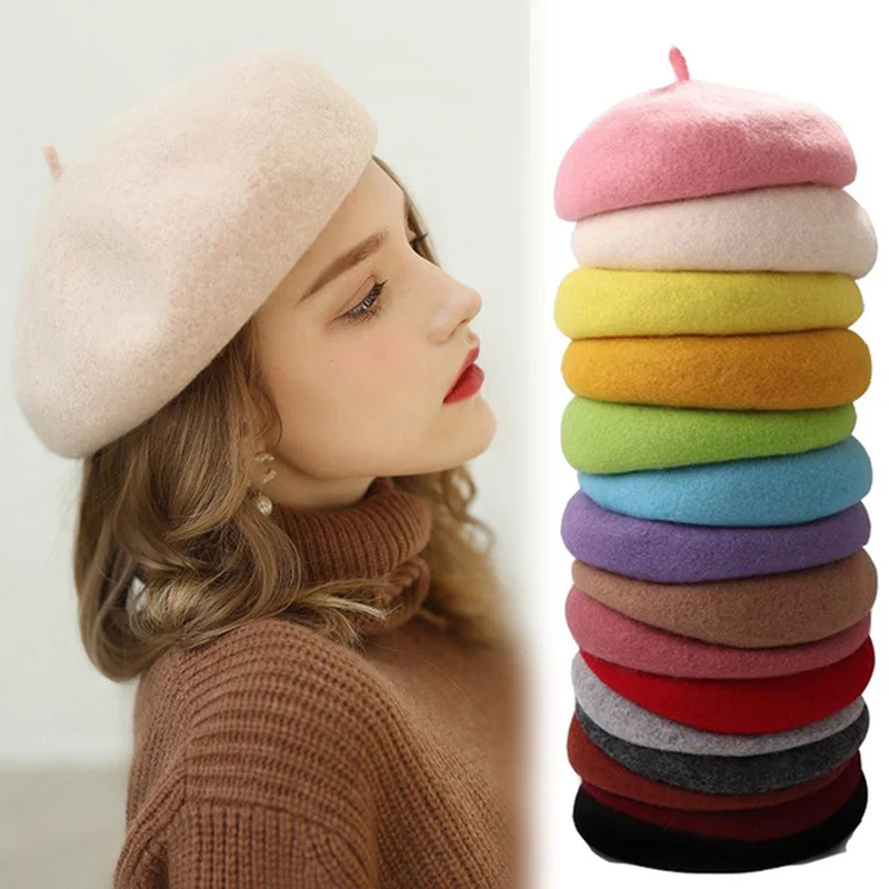 Vintage Women Girl Simple Beret French Warm Wool Winter Beanie Hat Cap Plain Beret Hats Solid Color Elegant Lady Winter Caps