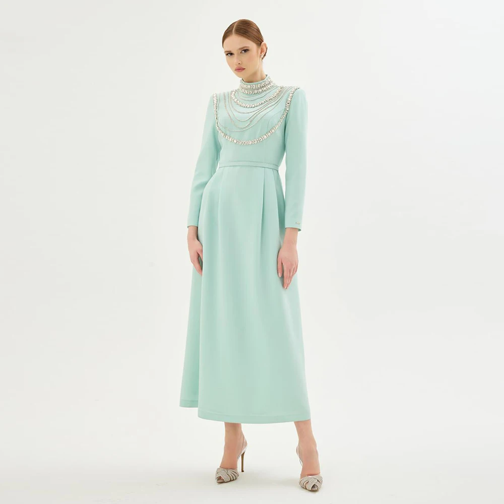 

Роскошное мятное женское вечернее платье длиной до пола, платье для выпускного вечера, вечернее платье трапециевидной формы с длинными рукавами, расшитое бисером, Саудовское платье
