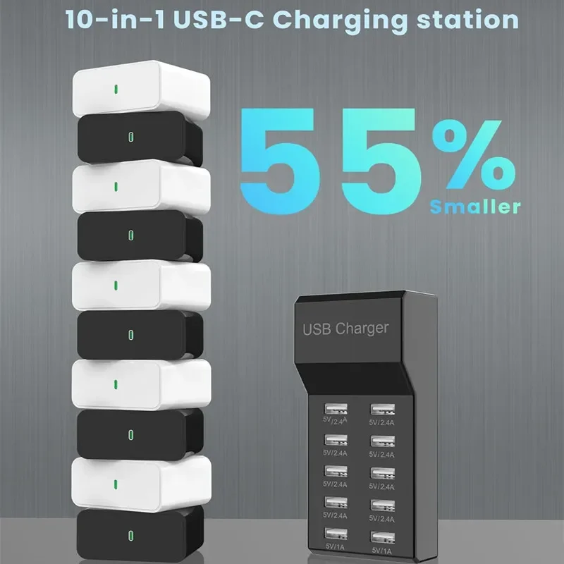 USB Charging Station 10 Port Charger Block for Multi Devices USB Charger Hub Family-Sized for Smart Phone Tablet Watch