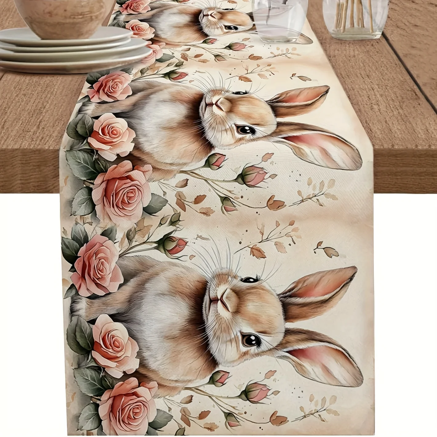 1 Piece Easter Bunny and Spring Flower Tablecloth, Suitable for Dinner Parties, Holiday Parties, Family Gatherings, Children's Activities, Themed Cafes, Home Decoration