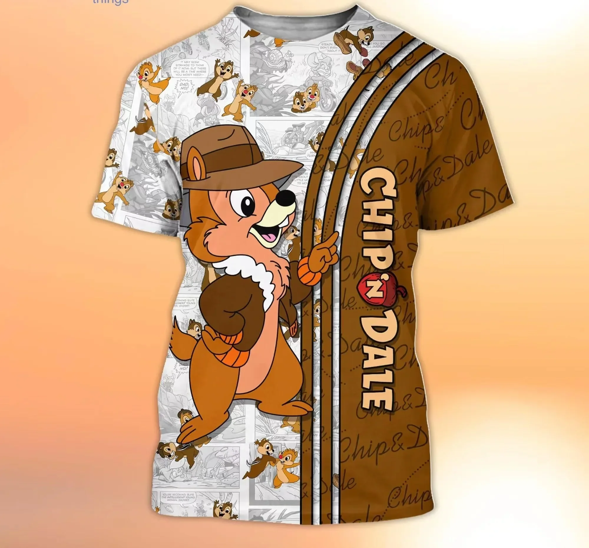 Disney Animation Movie Chipmunks Chip Dale Brown T-shirt Men's Women's Casual Short Sleeve Tops Cute Cartoon 3D T-shirt