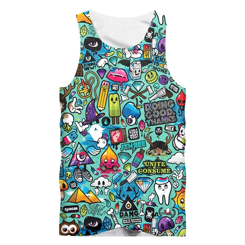 Abstract Graffiti Patterns Tank Tops 3D Print Man/ Women Fashion Campaign Vest Kids Beach Top Summer Oversized Gym Clothing Men