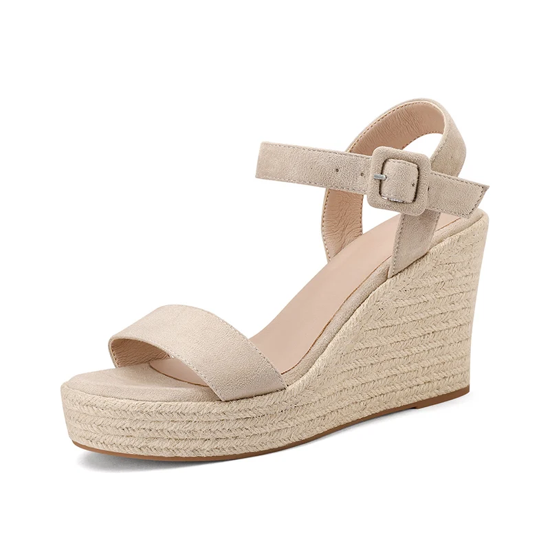 Women's Open Toe Woven Ankle Buckle Slope Heel Round Toe Comfort Beach Sandals