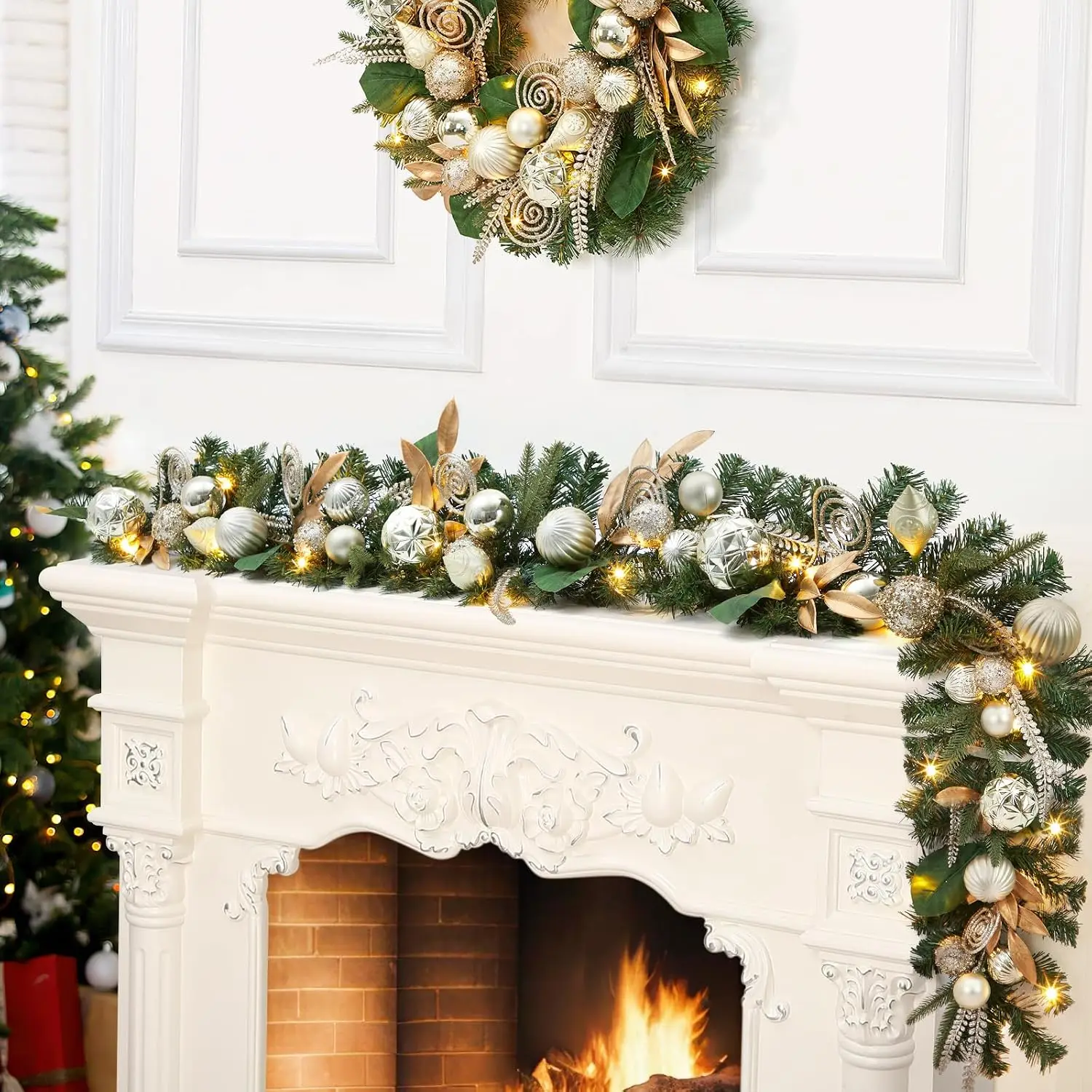 Garvee 6FT Christmas LED Rattan Garland Artificial Wreath with Lights for Xmas Tree Front Door, Fireplace, Stairs, Home Party Decor Yard Pine Rattan Hanging Ornaments