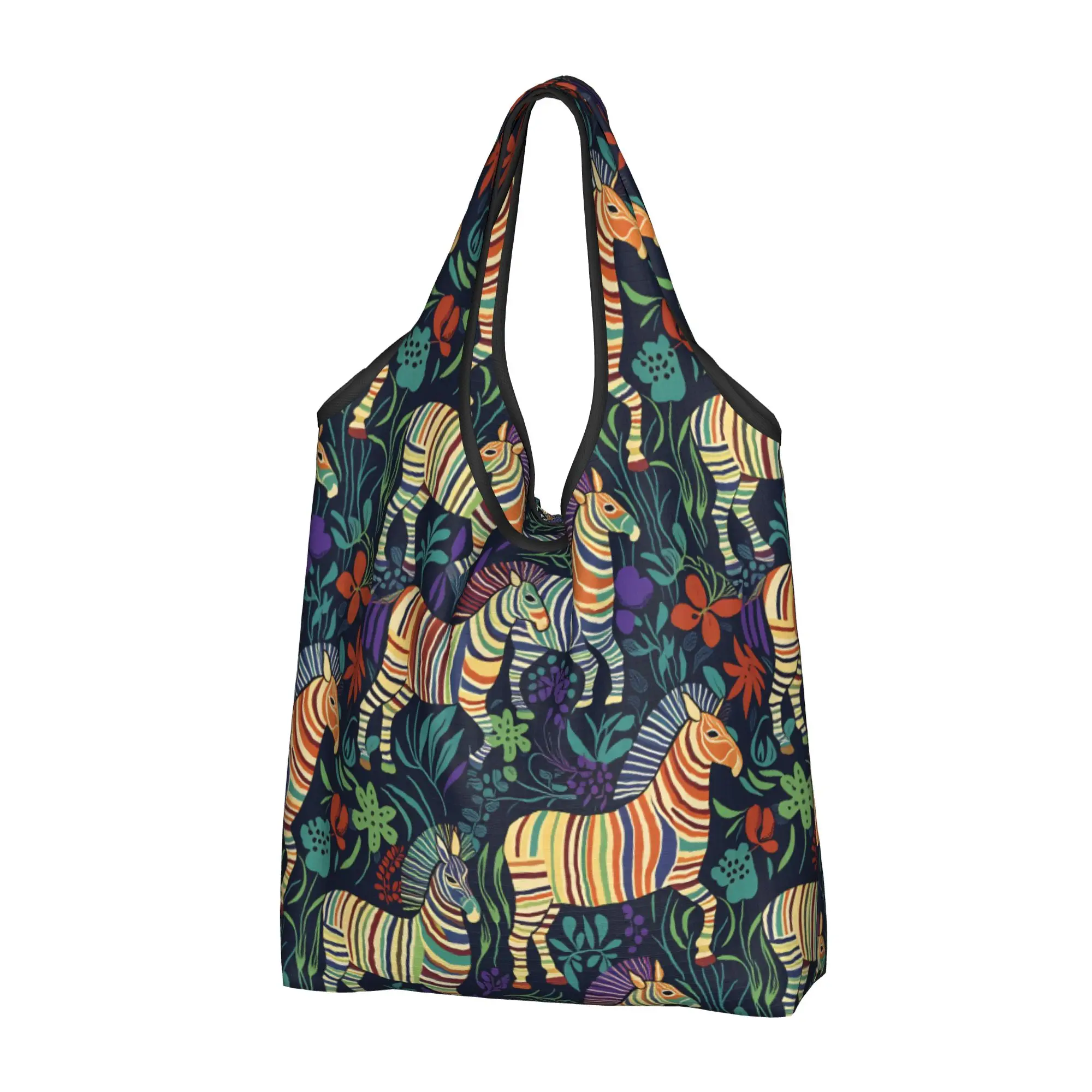 Custom Rainbow Striped Zebras in the Jungle Shopping Bags Women Portable Large Capacity Groceries  Tote Shopper Bags