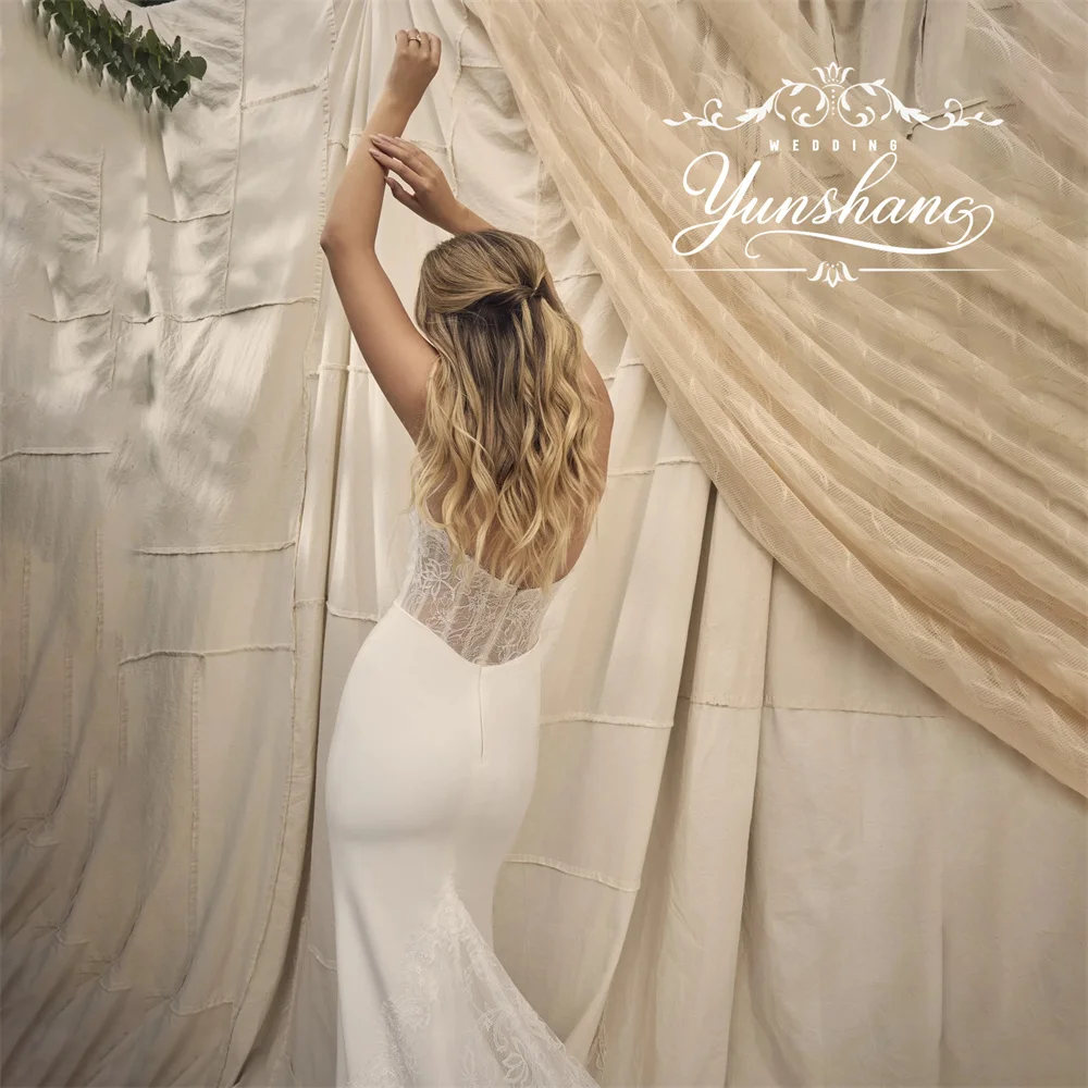 YunShang Customized Lace Embroidery V-Neck Mermaid Wedding Dress Sleeveless Sweep Train Simple Elegant Floor Length Corset New