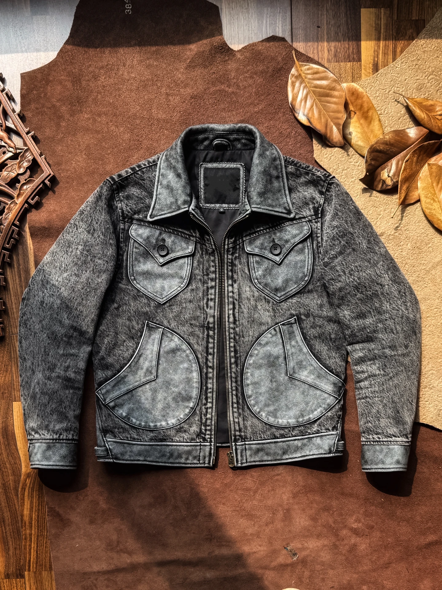 

Retro Waed Stone und Leather Jaet Denim Patchwork Top Layer Cowhide Motorcycle Sle Men's Faion Casual Coat