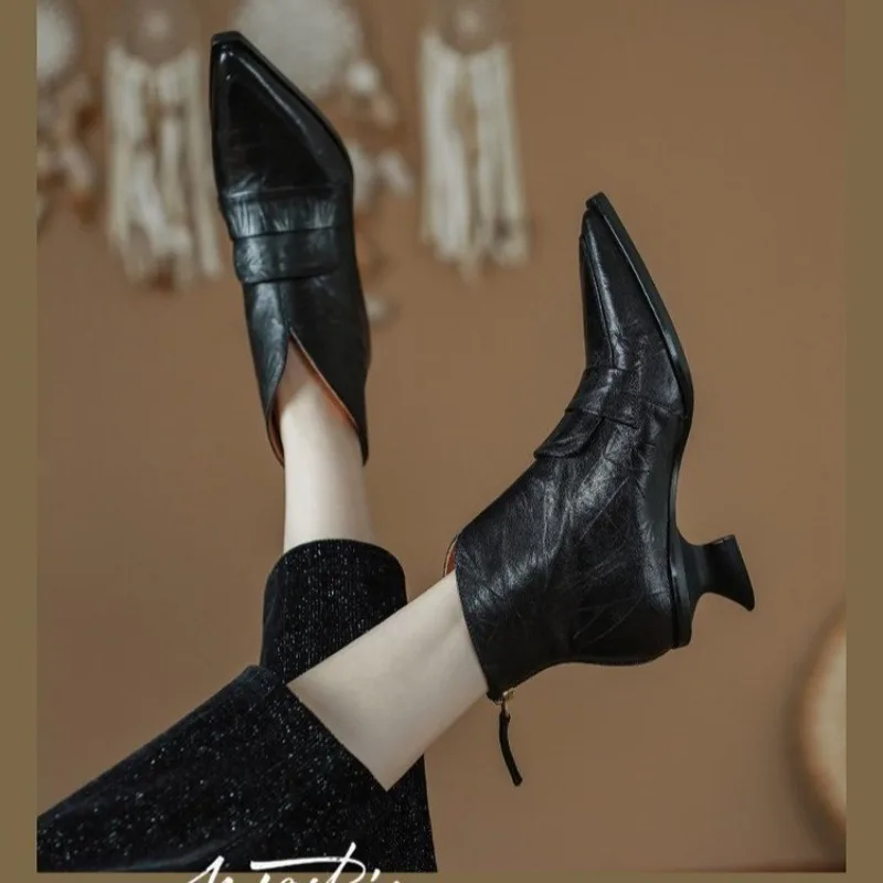Alien Folkel Boots Women's Fashion Pointed Toe Paneled Rear Zipper Anti-Slip Wear-Resistant Booties
