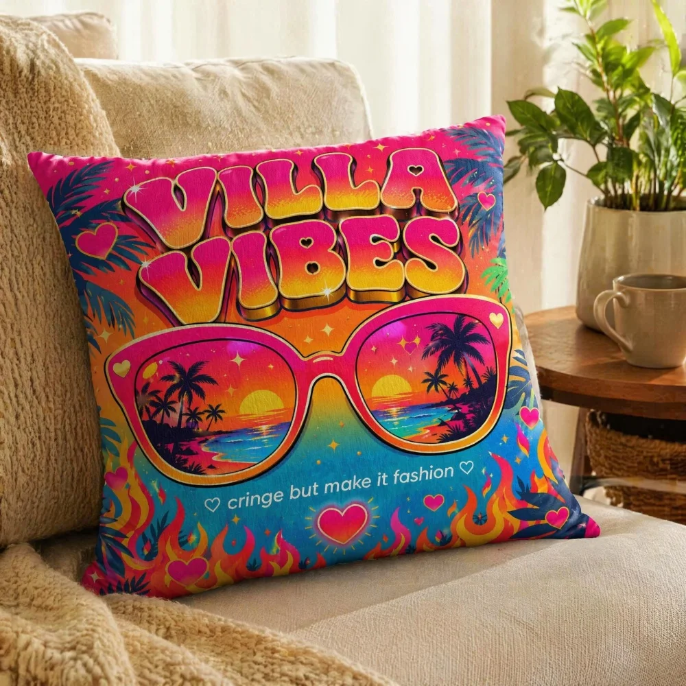 Bright Tropical Villa Vibes Stuffed Throw Pillow 2D Print Square Sunglasses Palm Flame Decorative Filled Cushion for Sofa Decor