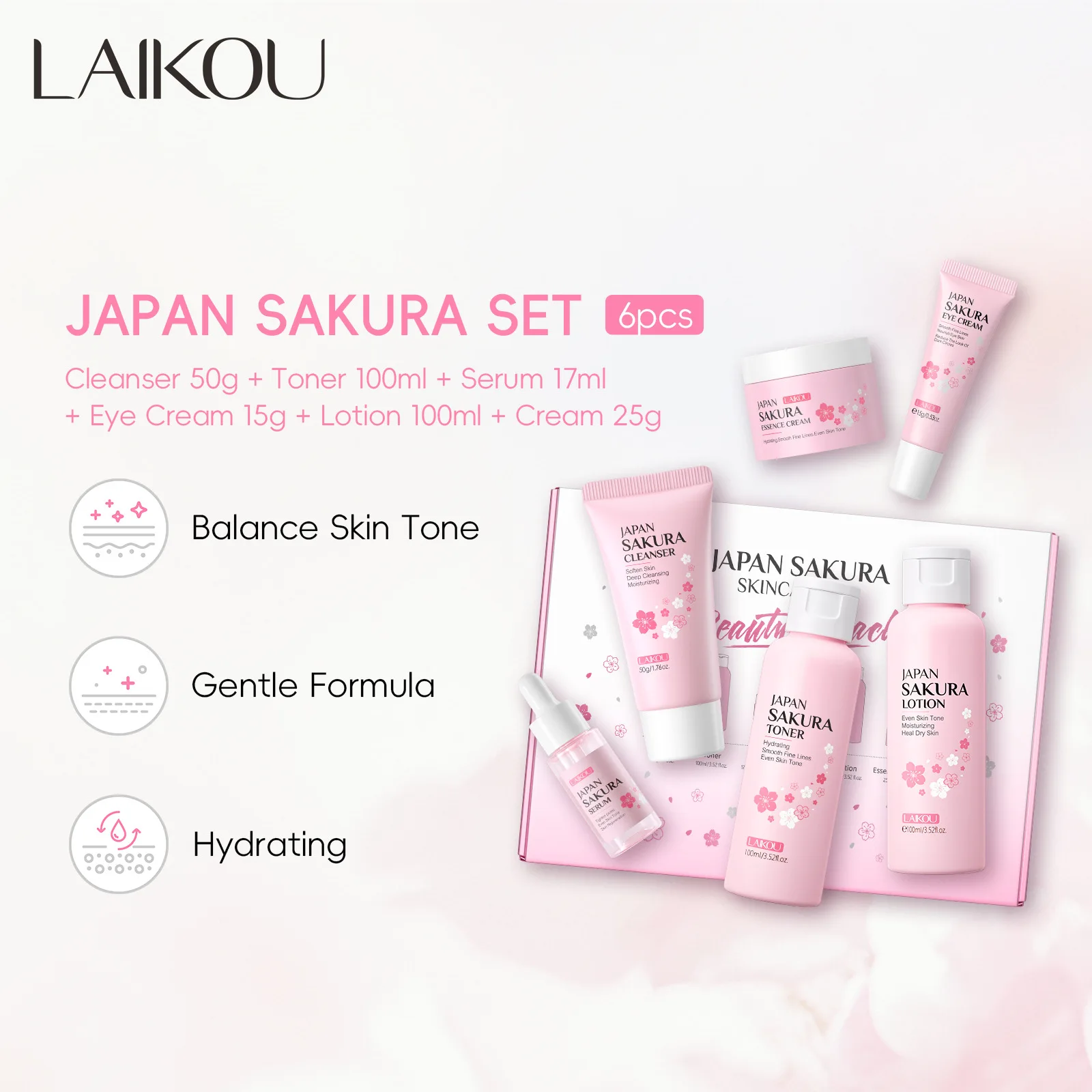 LAIKOU Japan Sakura 6pcs Set Skincare Set Oil Control Facial Cleanser Nourish Serum Toner Lotion Face Creams Eye Cream Skin Care